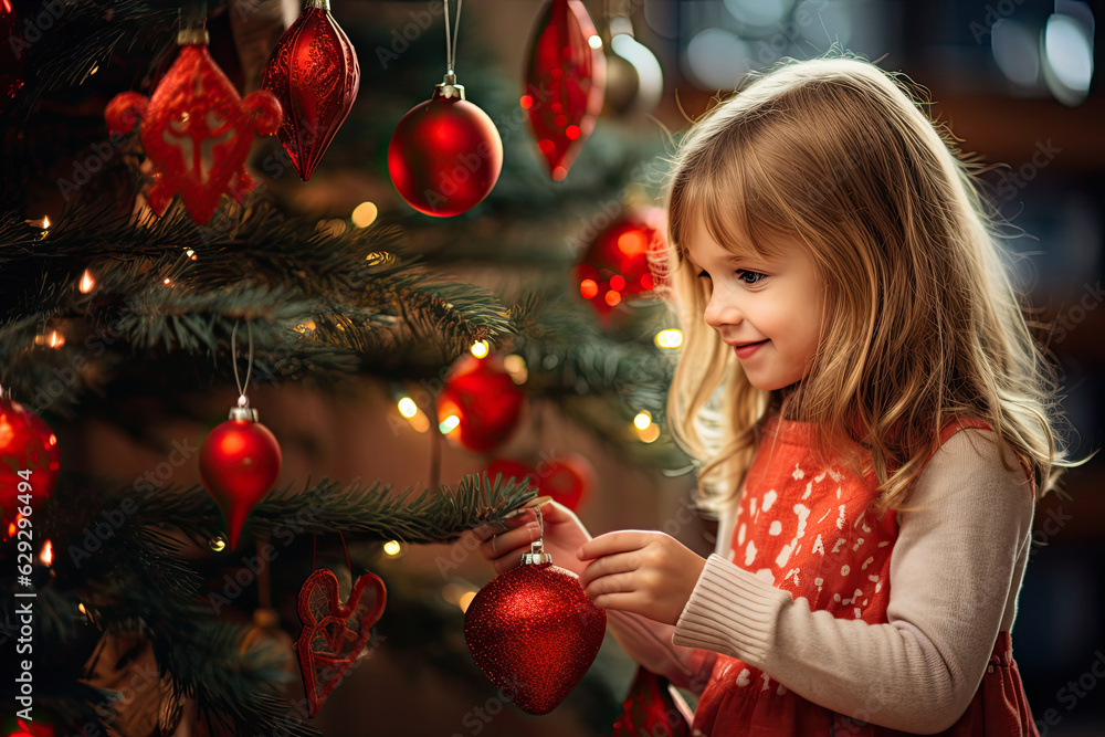 Little girl decorating the Christmas tree with ornaments. 