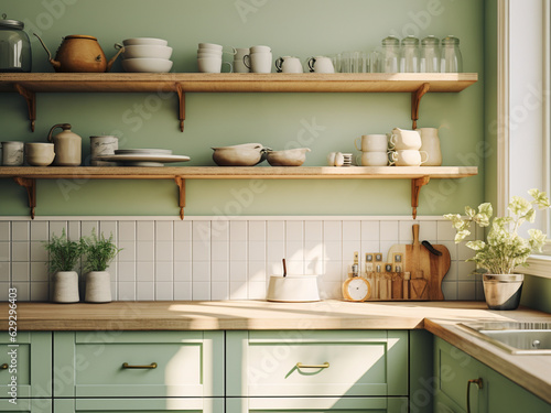 Inviting green kitchen with a farmhouse touch. AI Generated. © Llama-World-studio
