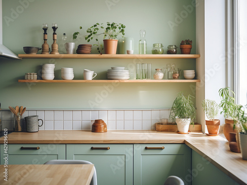 Green kitchen featuring sustainable materials. AI Generated. © Llama-World-studio