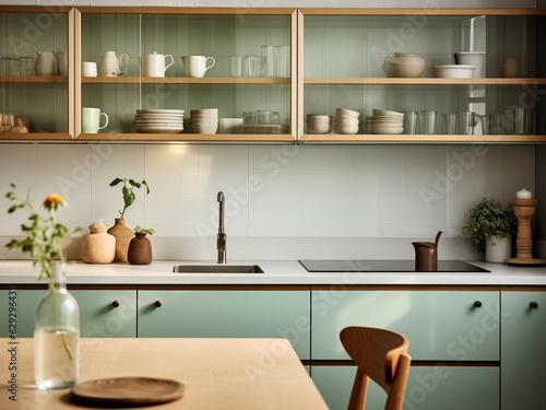 Contemporary green kitchen room design. AI Generated.