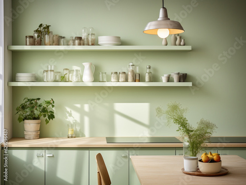 Chic green kitchen interior design. AI Generated.