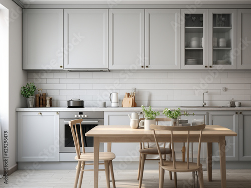 Bright grey kitchen with a spacious feel. AI Generated. © Llama-World-studio