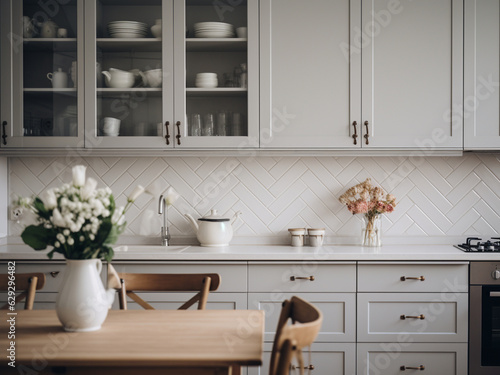 Grey kitchen with a warm and welcoming vibe. AI Generated. © Llama-World-studio