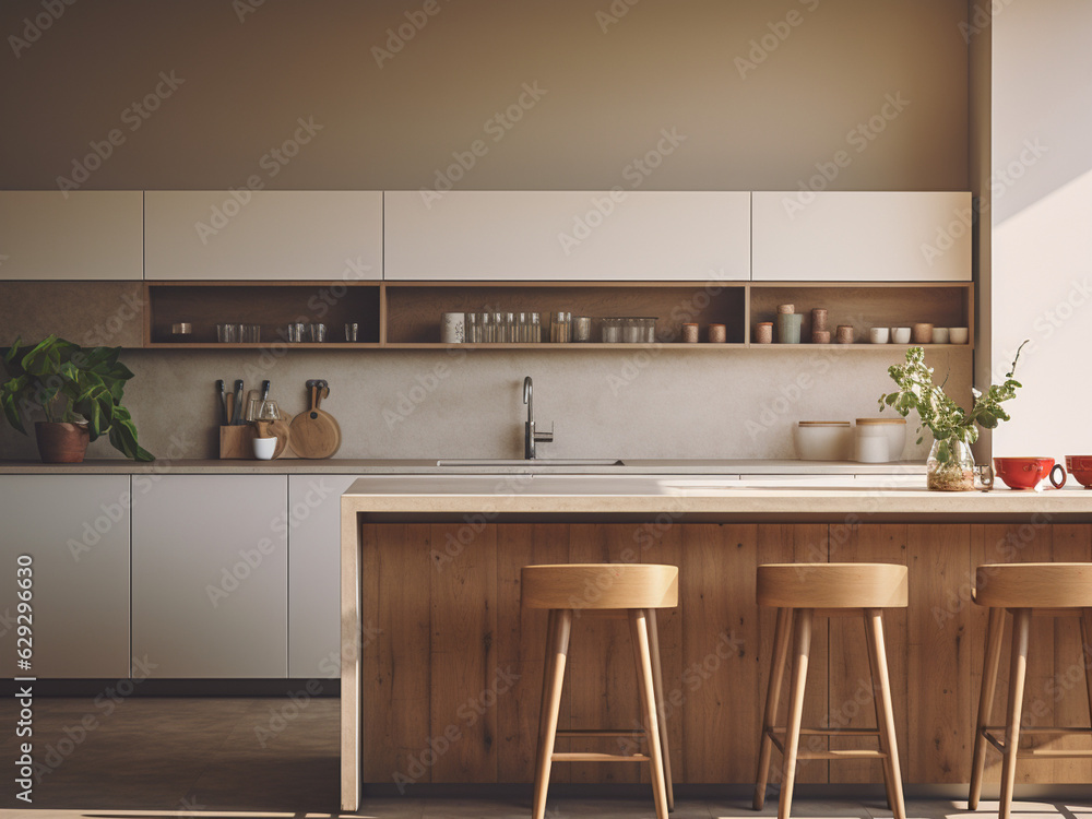 Contemporary minimalistic kitchen room. AI Generated.