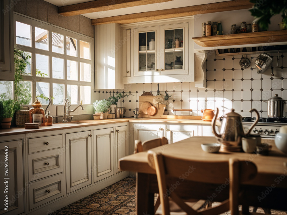 Provence kitchen room with rustic decor. AI Generated. Provence kitchen room with rustic decor. AI Generated.