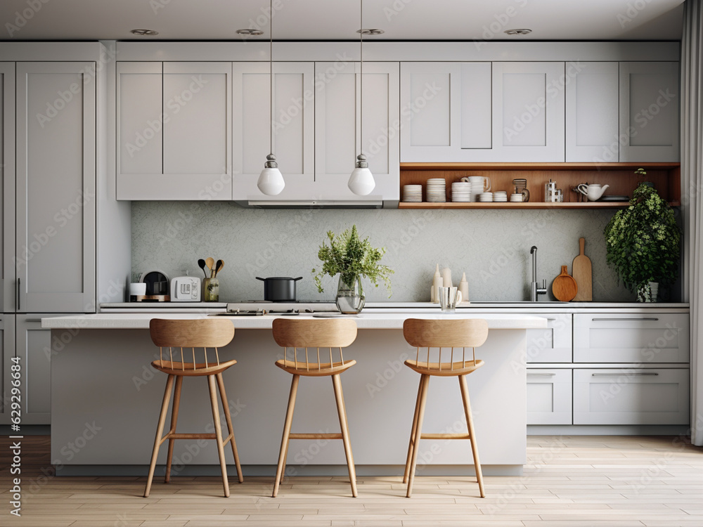 Contemporary white kitchen with minimalist design. AI Generated.