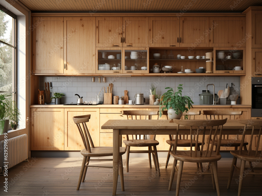 Wood kitchen featuring stylish wooden furniture. AI Generated.