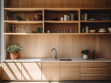 Light wood kitchen designed for practicality. AI Generated.