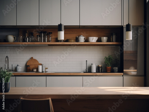 Minimalistic kitchen room inspired by Zen style. AI Generated.