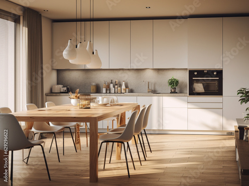 Timeless modern kitchen with a fresh feel. AI Generated.