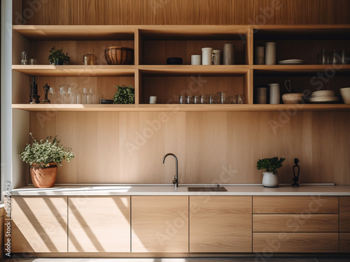 Light wood kitchen designed for practicality. AI Generated.