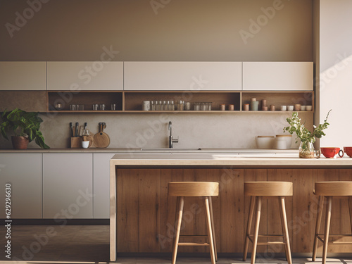 Contemporary minimalistic kitchen room. AI Generated. © Llama-World-studio