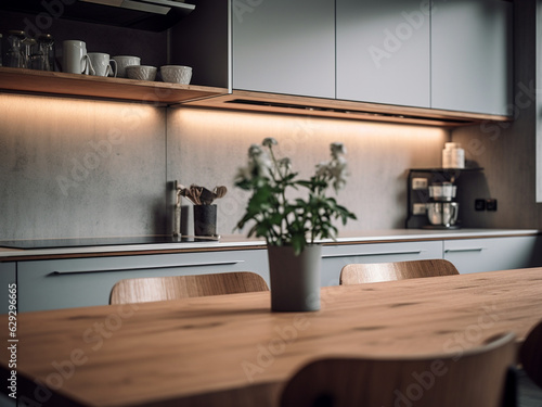 Modern kitchen room with stylish decor. AI Generated.