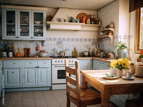 Bright Provence kitchen with vintage furniture. AI Generated.