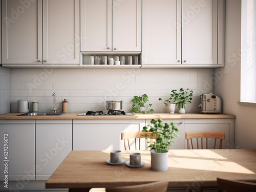 White kitchen room with elegant decor. AI Generated.