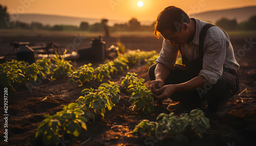 Farmer attending to his crops in front of a sunset 
