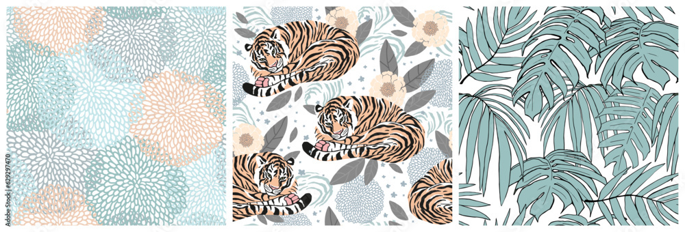 Φωτογραφία Set of beautiful seamless patterns of tigers, leaves, and flowers