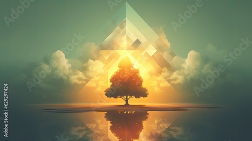 Beautiful tree of life in sunlight. Individuality, prosperity and growth concept. Illustration for cover, card, postcard, interior design, decor or print.