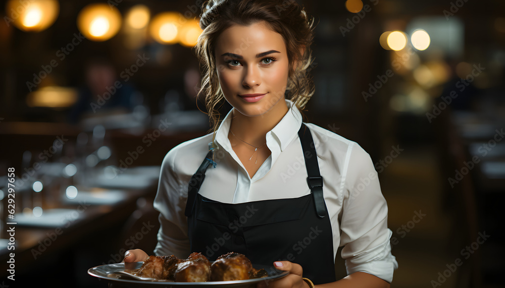 Waitress carrying a steak on a plate in a high end restaurant Waitress carrying a steak on a plate in a high end restaurant