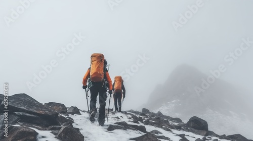 Fényképezés Two climbers climb to the top of a snowy mountain
