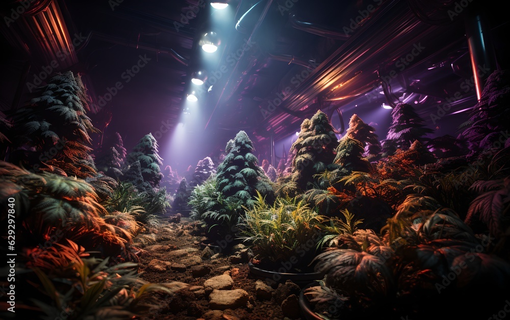 Growing cannabis under fluorescent lights, generative ai Growing cannabis under fluorescent lights, generative ai