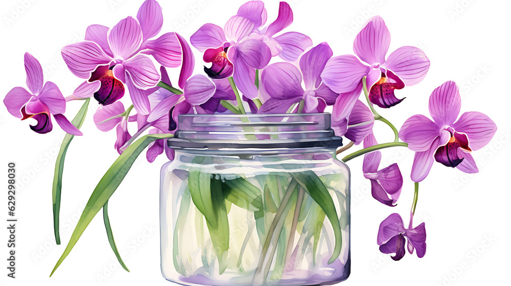 Εκτύπωση καμβά Watercolor orchid flowers in a glass jar transparent background