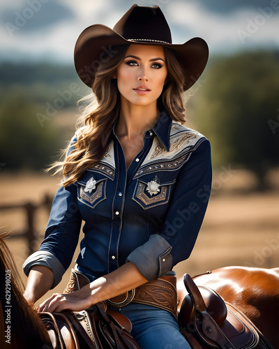 portrait of a sexy cowgirl riding a horse - generative ai © Martin