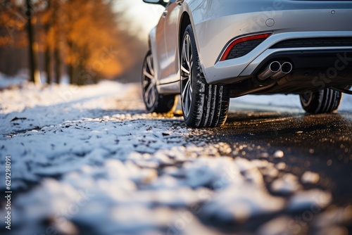 Winter tire. SUV car on snow road. Tires on snowy highway detail. close up view. Space for text. The concept of family travel to a ski resort. Winter or spring holidays adventures. © Irina Mikhailichenko