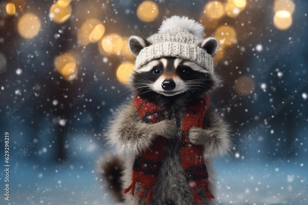 Adorable Raccoon with Cap Surrounded by Snowflakes in Winter Wonderland AI generated Adorable Raccoon with Cap Surrounded by Snowflakes in Winter Wonderland AI generated