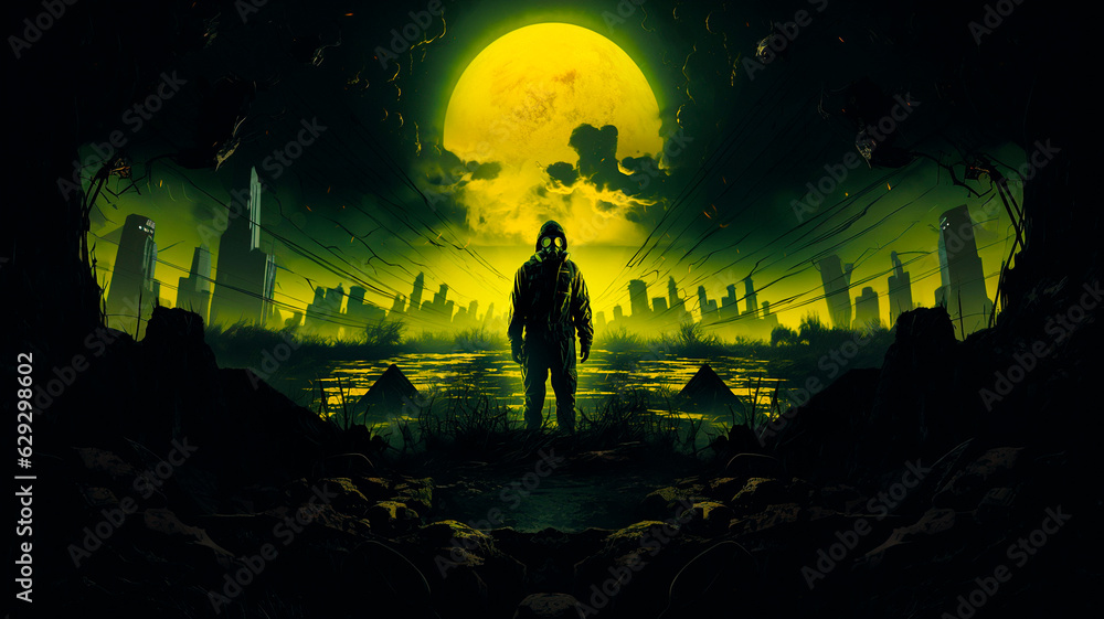 Fototapeta premium Stalker in a respirator against the background of a radioactive explosion. The city under the chemical cloud Background. High quality illustration