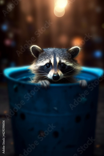 Cheeky Raccoon Peeking Out of a Trash Can with Mischief in its Eyes AI generated