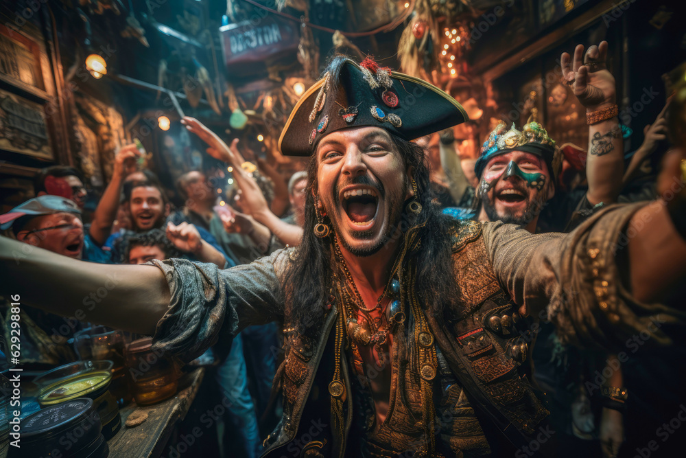 Euphoric pirates celebrating a successful raid