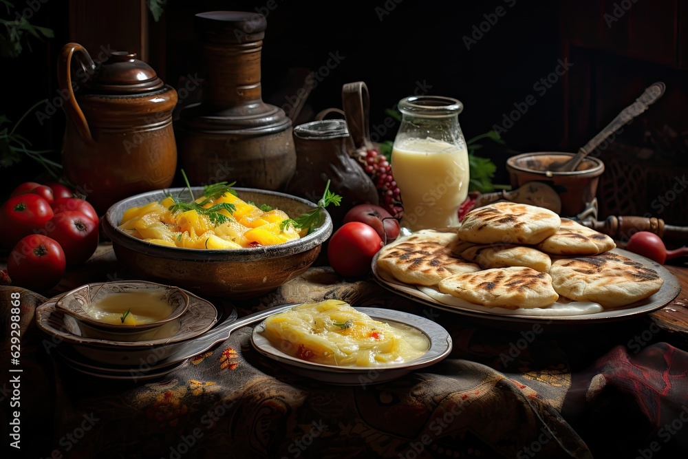 A table set for a meal with plates of food, bread, vegetables and utensils. A table set for a meal with plates of food, bread, vegetables and utensils.
