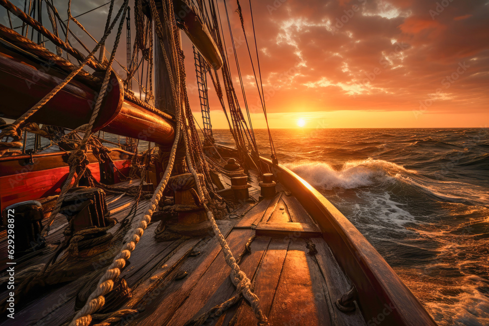Obraz premium View from a pirate sailing ship sailing towards the setting sun