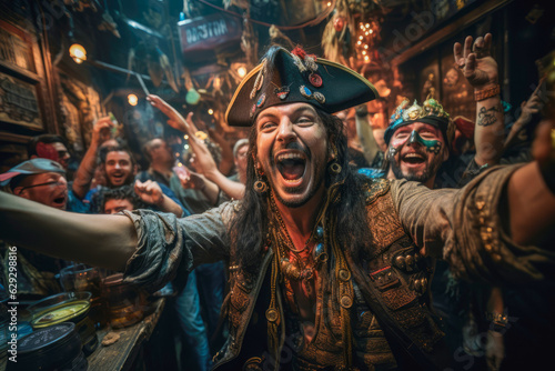 Euphoric pirates celebrating a successful raid