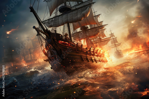 Sail ships engaging in a fierce naval battle, showcasing the grandeur and intensity of historical sea conflicts
