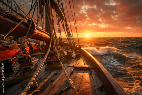 View from a pirate sailing ship sailing towards the setting sun
