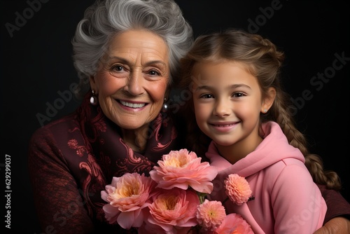 Studio portrait of grandmother and granddaughter, generative AI © progressman
