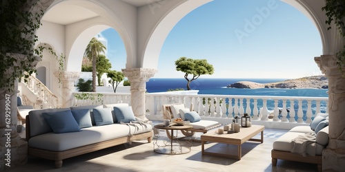 White terrace with a view of the ocean, generative ai