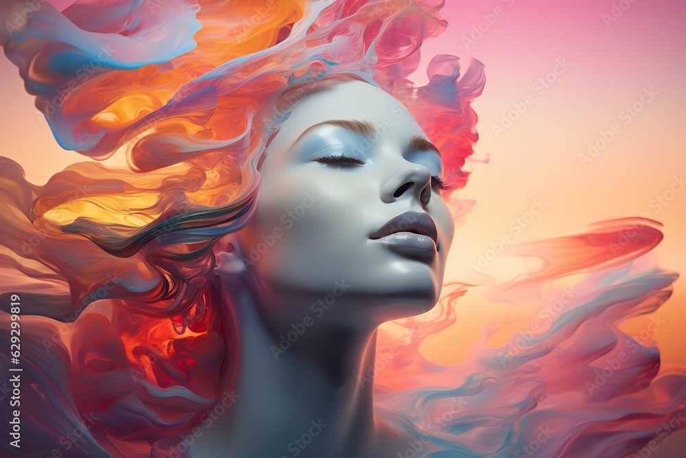 abstract vibrant colourful portrait of fantasy woman, sensuality and tenderness, creative design concept, generative AI