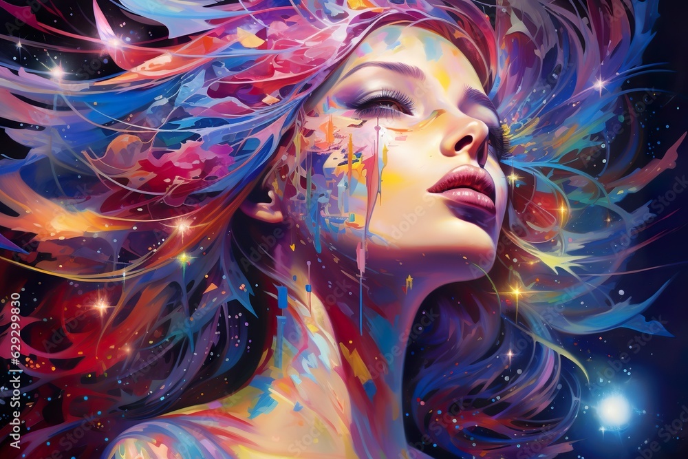 abstract vibrant colourful portrait of fantasy woman, sensuality and tenderness, creative design concept, generative AI abstract vibrant colourful portrait of fantasy woman, sensuality and tenderness, creative design concept, generative AI
