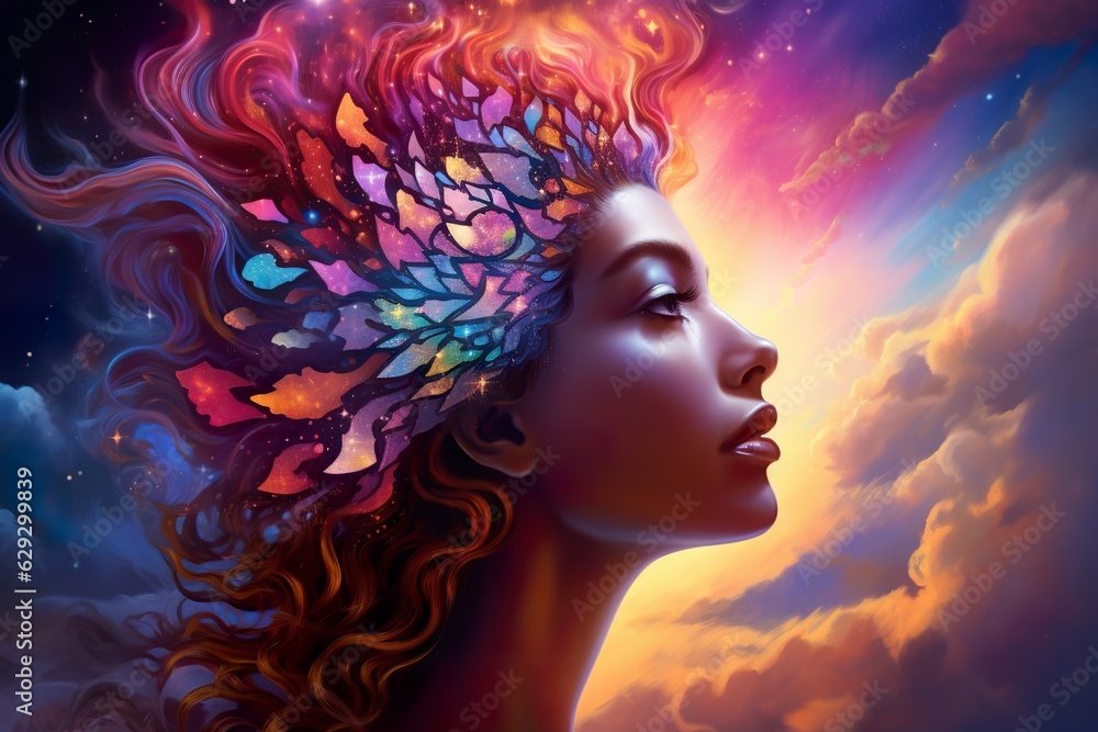 abstract vibrant colourful portrait of fantasy woman, sensuality and tenderness, creative design concept, generative AI abstract vibrant colourful portrait of fantasy woman, sensuality and tenderness, creative design concept, generative AI