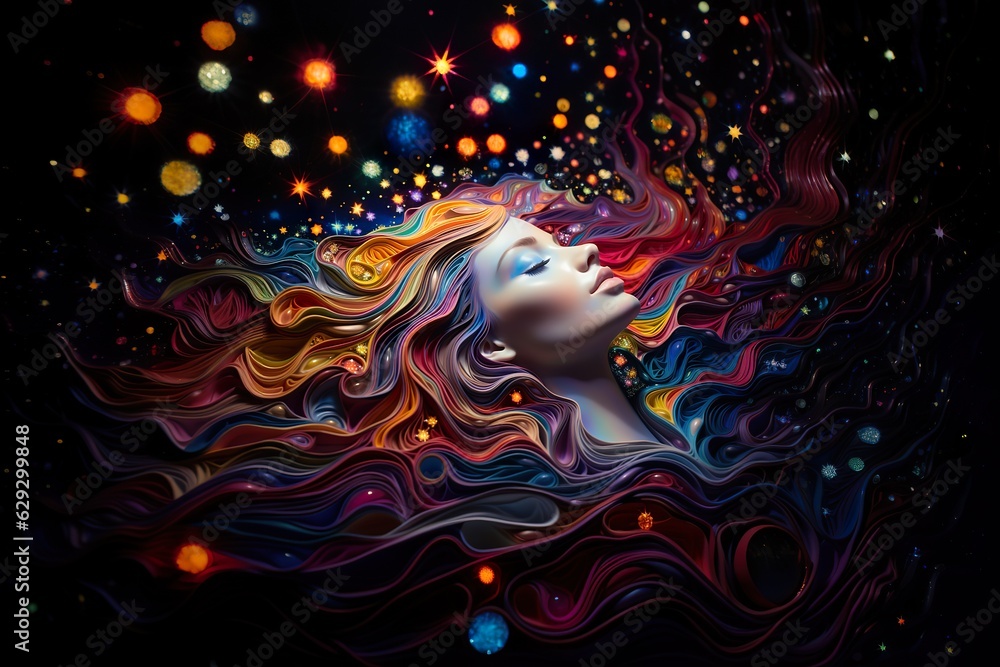 abstract vibrant colourful portrait of fantasy woman, sensuality and tenderness, creative design concept, generative AI abstract vibrant colourful portrait of fantasy woman, sensuality and tenderness, creative design concept, generative AI
