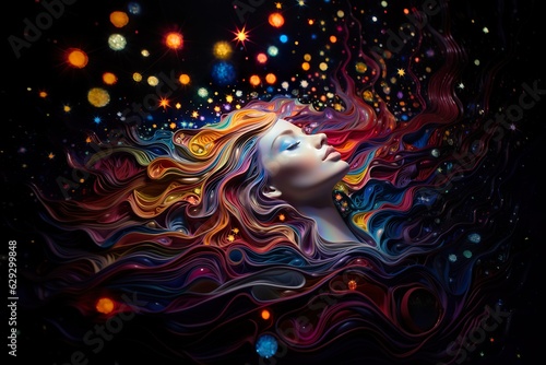 abstract vibrant colourful portrait of fantasy woman, sensuality and tenderness, creative design concept, generative AI