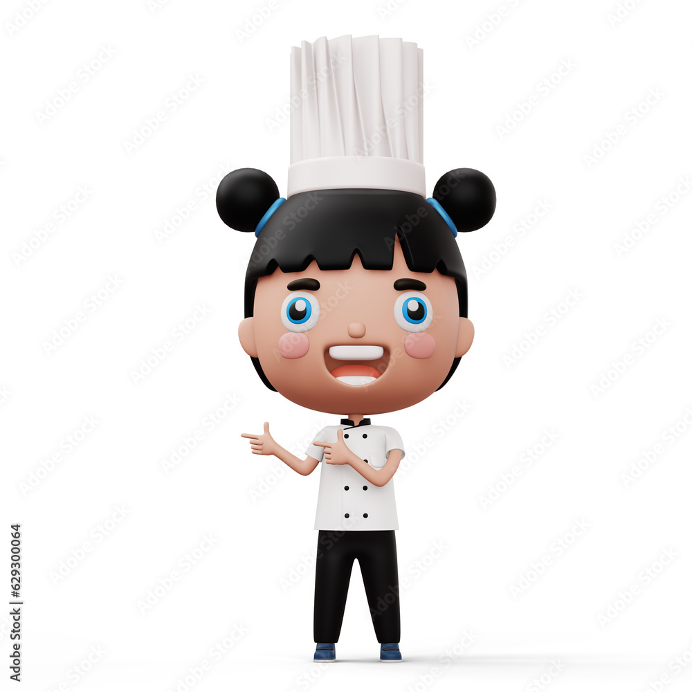 Happy kid chef wearing chef uniform pointing finger, 3d rendering Happy kid chef wearing chef uniform pointing finger, 3d rendering