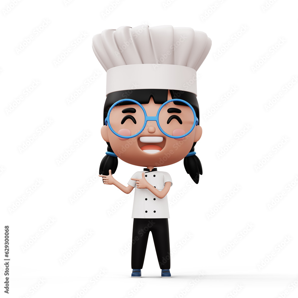 Happy kid chef wearing chef uniform pointing finger, 3d rendering