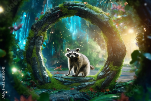 Adorable Raccoon in a Magical Forest Beneath an Enchanted Portal AI generated