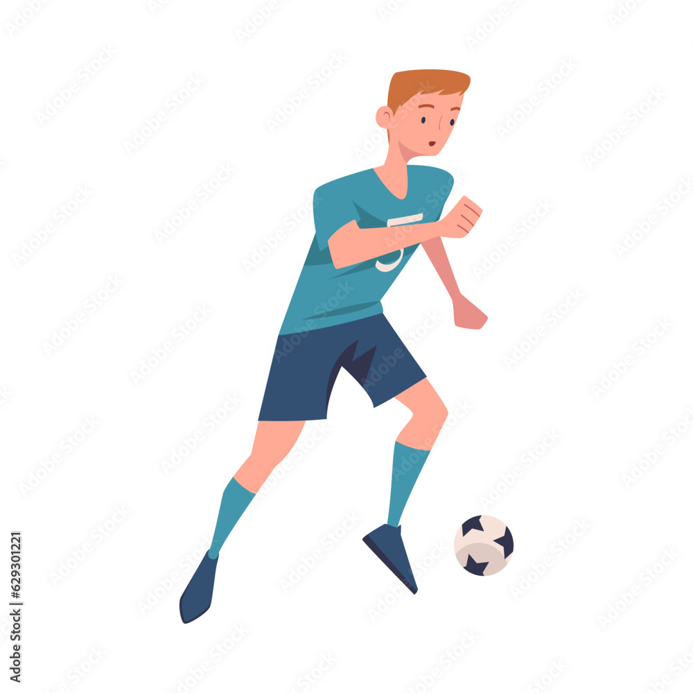 Man Footballer in Blue Uniform Playing Football Pass Ball Vector Illustration