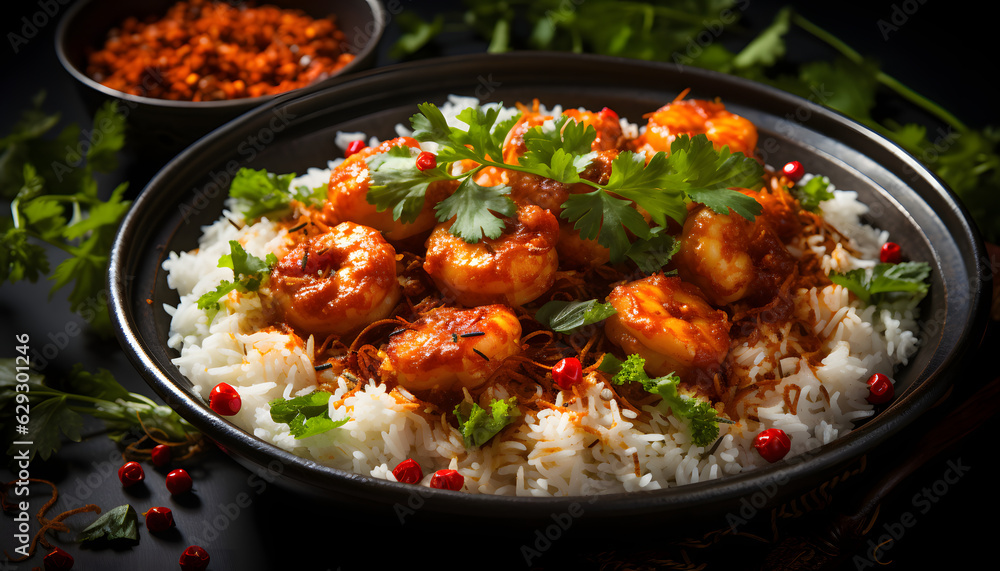 From the above prawn curry with ride and coriander sprinkled over the top From the above prawn curry with ride and coriander sprinkled over the top