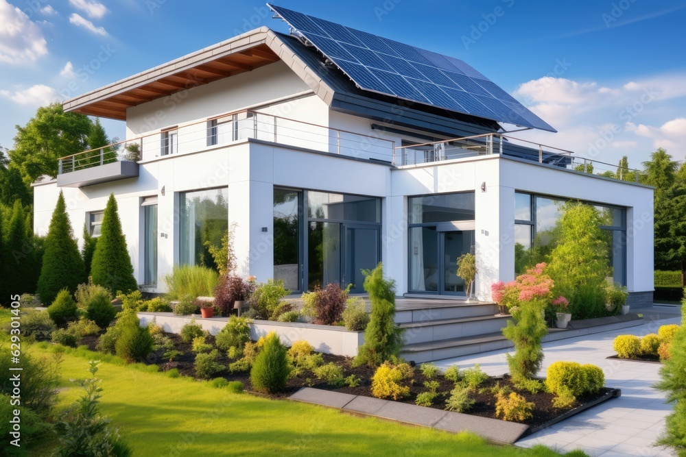 Moder house with photovoltaic pannels on house. Moder house with photovoltaic pannels on house.